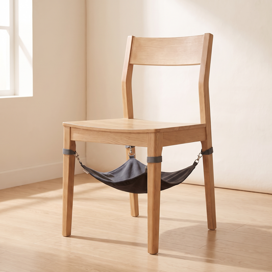 Cat hammock bed slung beneath a wooden chair