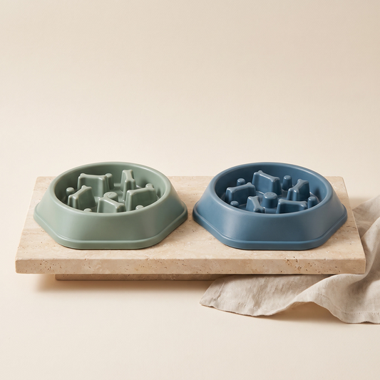 Slow feeder pet bowls in sage green and dusty blue