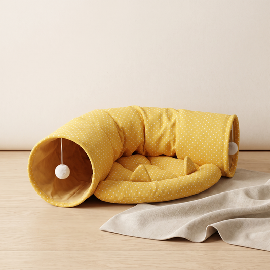 Yellow polka dot cat tunnel bed and sleeping bag
