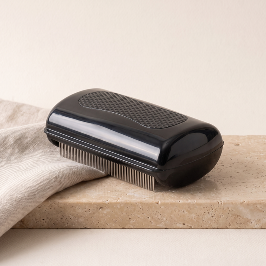 Black dual-sided de-shedding comb for dogs and cats