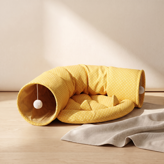 Cat tunnel bed and sleeping bag, three-quarter view