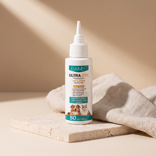 50ml pet ear cleaner bottle standing on travertine stone