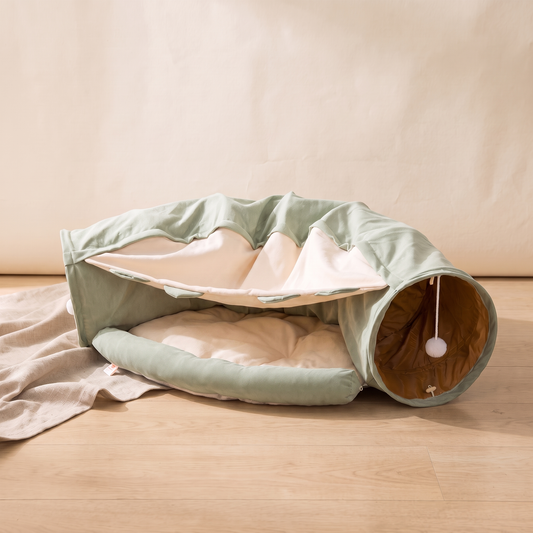 Sage green cat tunnel tent with padded nest, side view