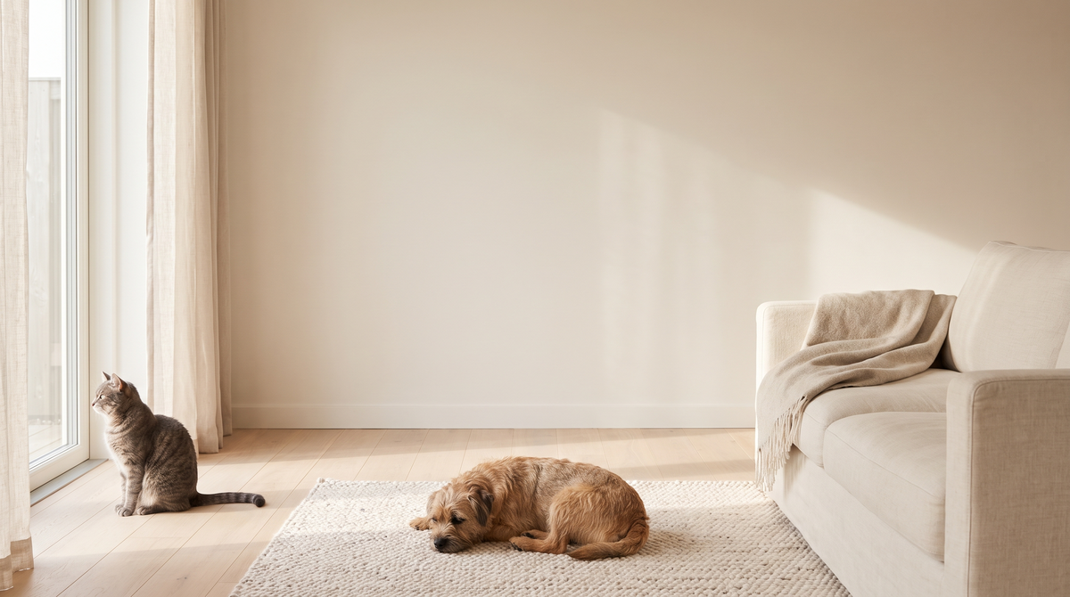 A terrier curled asleep on a rug and a tabby cat sitting by the window in a sunlit living room