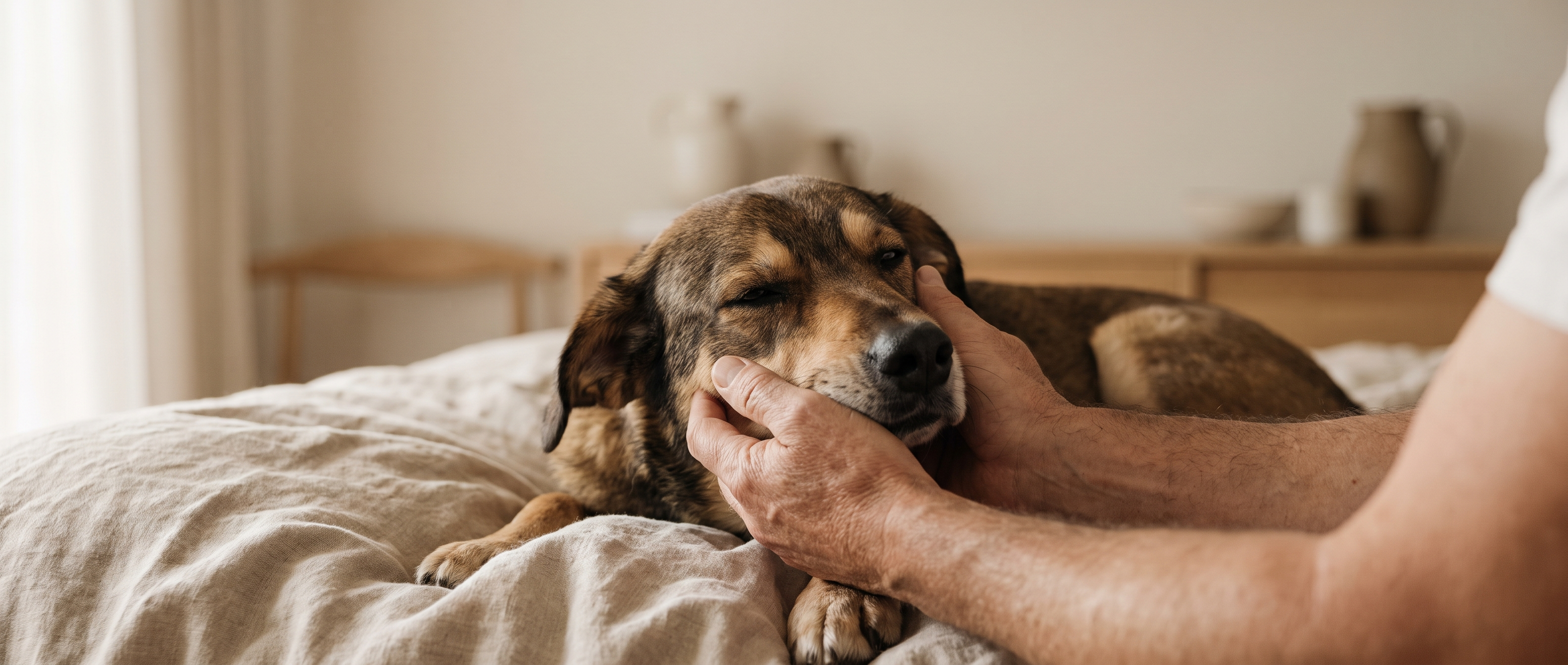 A pair of hands gently cradling the face of a calm dog resting on a bed